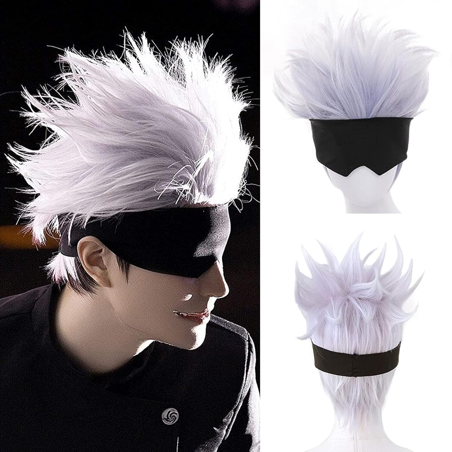 Men Accessories Silver - Black Blindfold + Short Wavy Cosplay